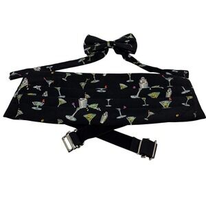 Nicole Miller Cummerbund Bow Tie Set Mens Vintage Black Excellent Martini Print
